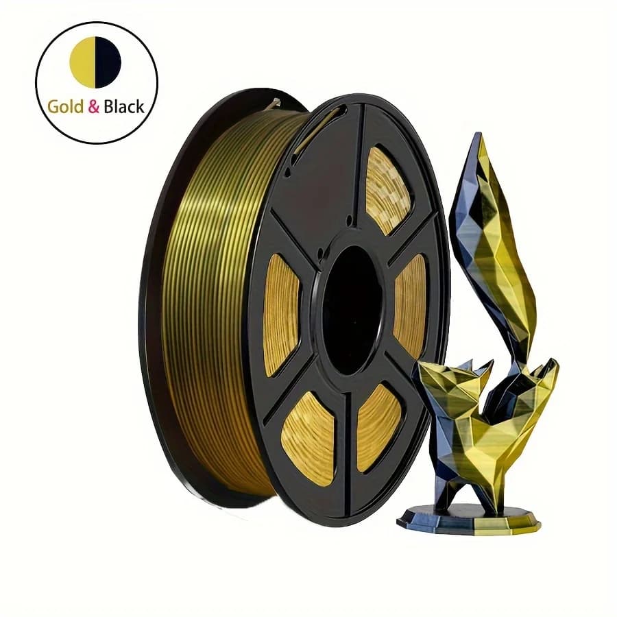 3D printer with two-tone PLA filament in silk 1.75 mm +/- 0.03 mm, two-tone PLA filament 250 G (0.55 pounds), black gold