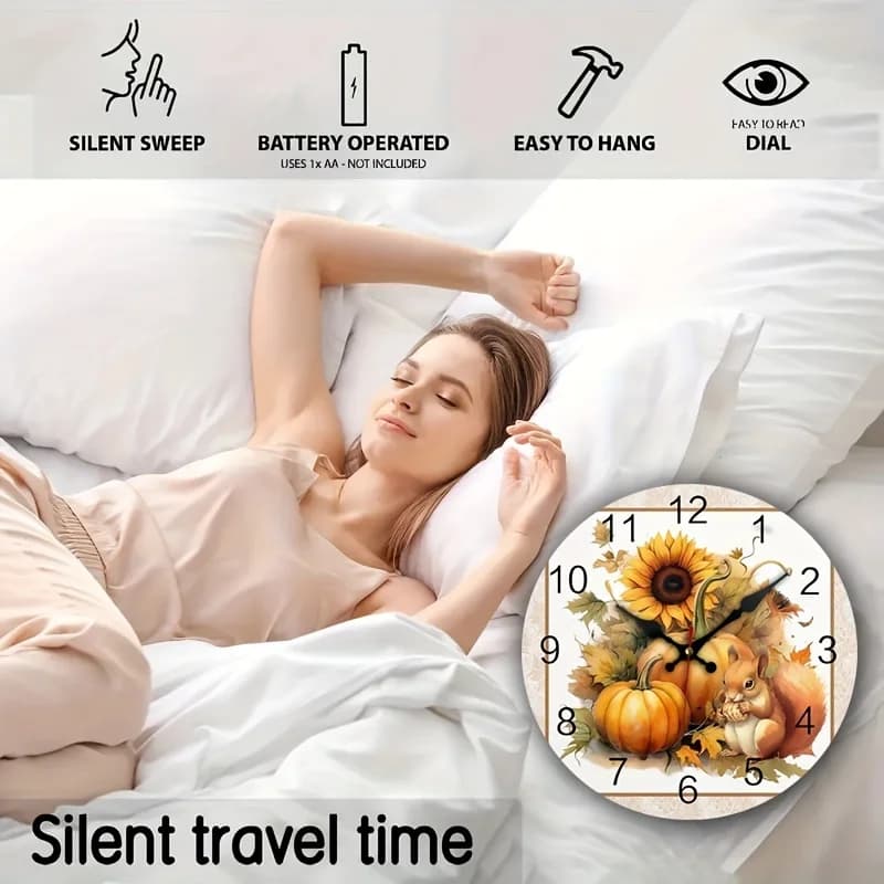 1pc Rustic Wooden Wall Clock, Pumpkin Squirrel Sunflower Design, Silent Battery Operated, Round Shape, AA Batteries Not Included, for Bedroom, Living Room, Office Decor