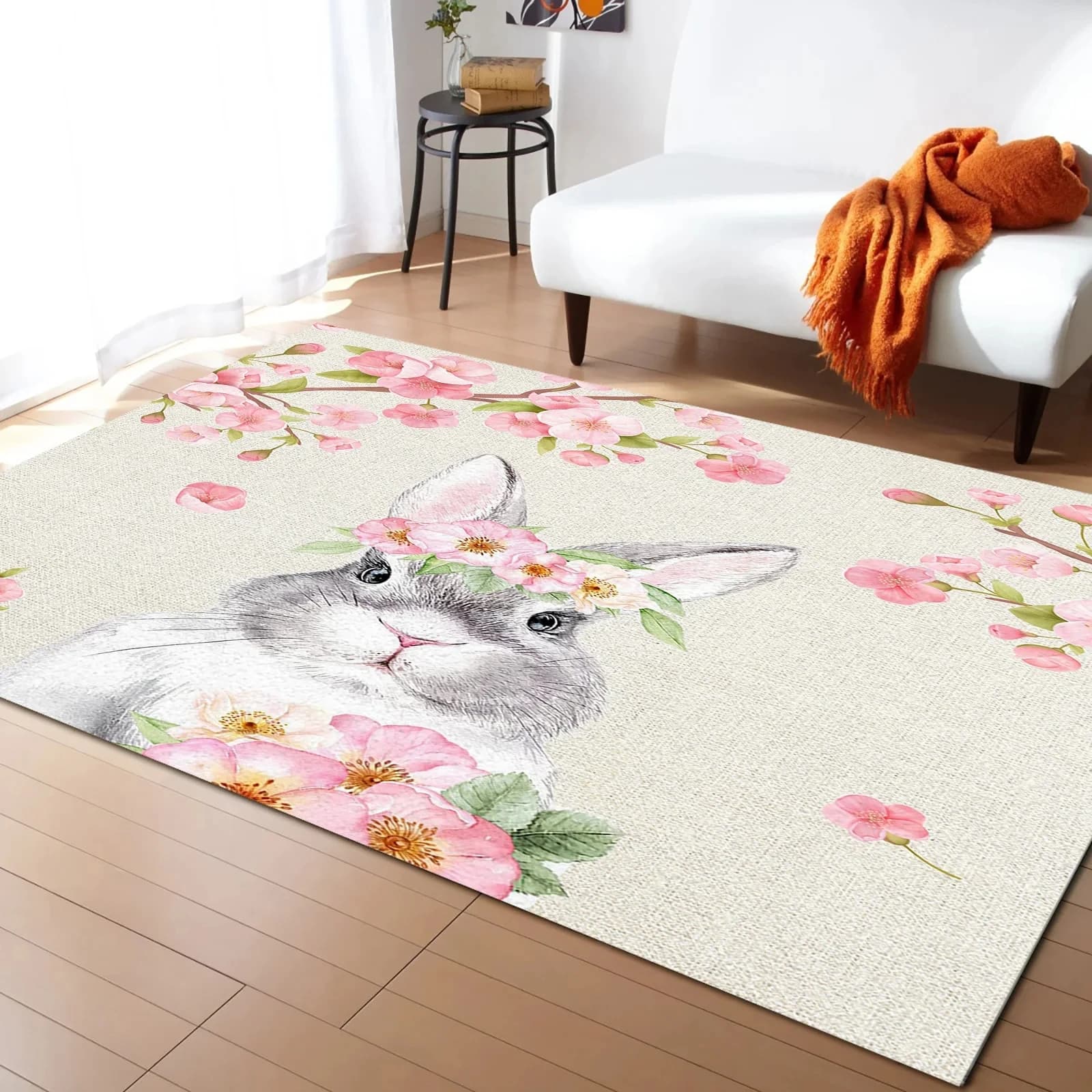 Tappeto con fiori di ciliegio con coniglio pasquale per soggiorno Decorazioni per la casa Camera dei bambini Camera da letto Comodino Tappeti di grandi dimensioni Tappetino per ingresso bagno