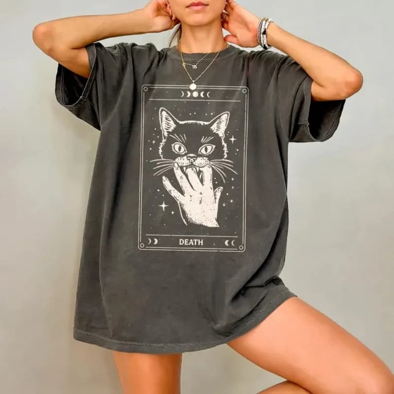 T-shirt Streetwear Vintage con Stampa Gatto Scheletro Carta dei Tarocchi e Lettera Meme, in Cotone, Unisex, Casual Estiva Oversize
