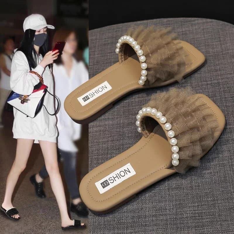 2025 Estate Nuovo Prodotto Scarpe da donna Sandali piatti con tessitura di perle bianche Capispalla Moda Pantofole fresche Borsa di perle Set di borse per scarpe