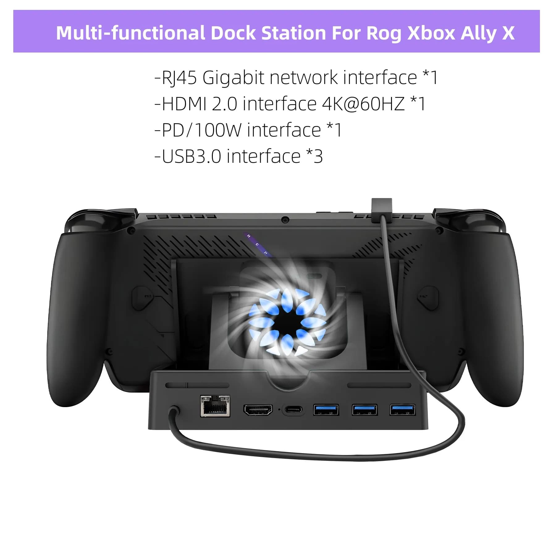 Docking station 4K @ 60Hz per ROG Xbox Ally X con ventola di raffreddamento USB 3.0*3, PD100W e Ethernet adatto per ROG Xbox Ally X