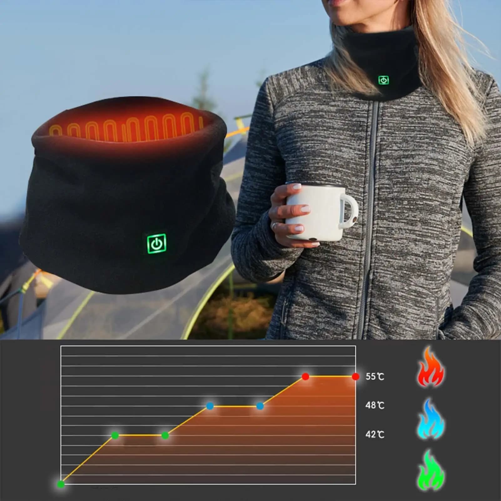 Sciarpa scaldacollo riscaldata USB Avvolgente riscaldante elettrico invernale per esterni con 3 impostazioni di calore per escursionismo, sci, campeggio, moto