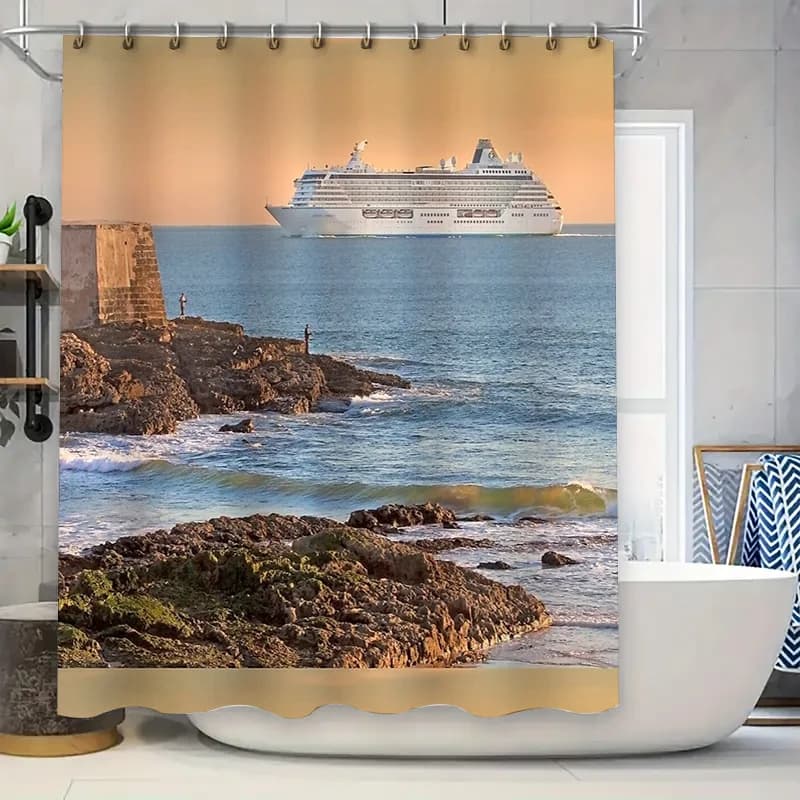 Tenda da doccia con paesaggio dell'oceano costiero Spiaggia Tramonto Natura Vista mare Decor Set da bagno Tessili artistici per la casa impermeabili