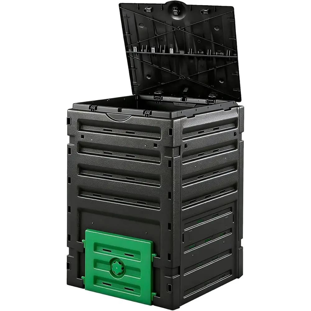 Compostiera da Esterno da 120 Galloni con Coperchio e Sportello Inferiore, Materiale Senza BPA, Facile Montaggio, Nera