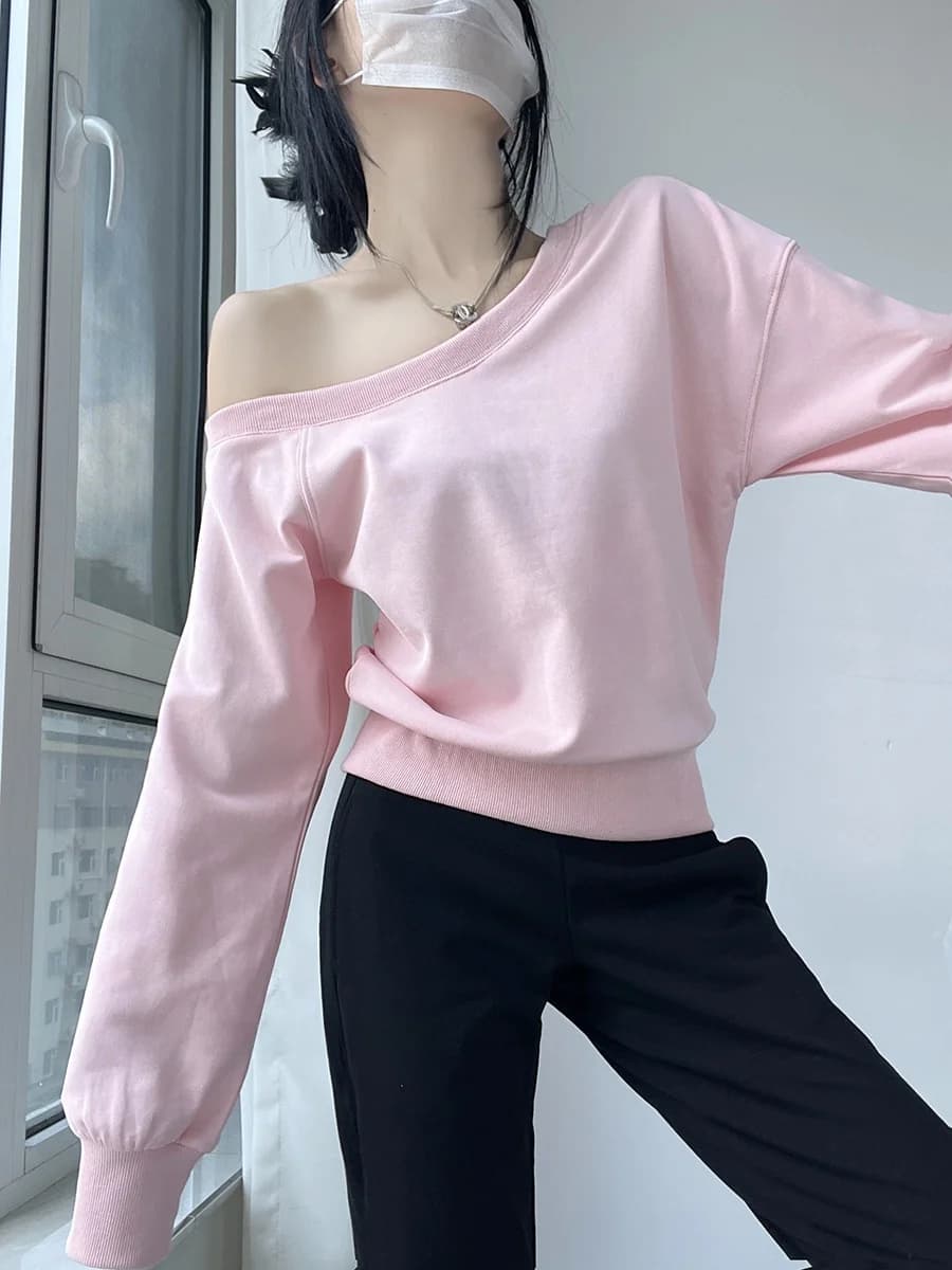 Shoulder Bared Oversized Long Sleeve Hoodie Women's Street Style Loose Fit Autumn New Arrival Casual off Shoulder Top