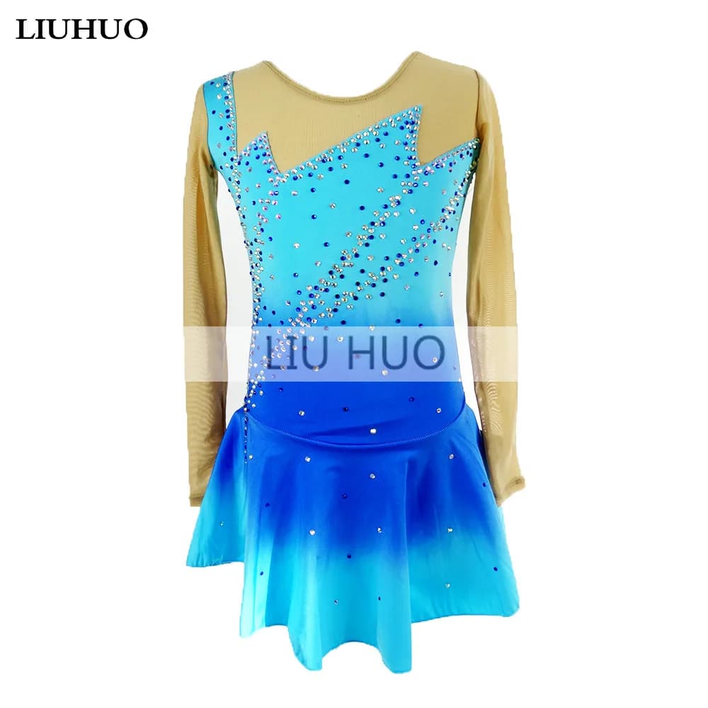 LIUHUO Costume da Ragazza per Donna Prestazioni Ginnastica Ritmica Concorso di Balletto Body Pattinaggio di Figura Vestito Danza Blu Ghiaccio Bambino