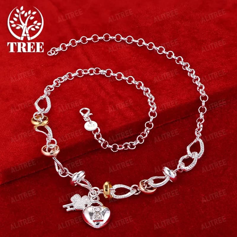 Nice 925 Sterling Silver Heart Lock Clover Key Pendant Necklace Women Fashion Design Jewelry Anniversary Party Gift Accessories