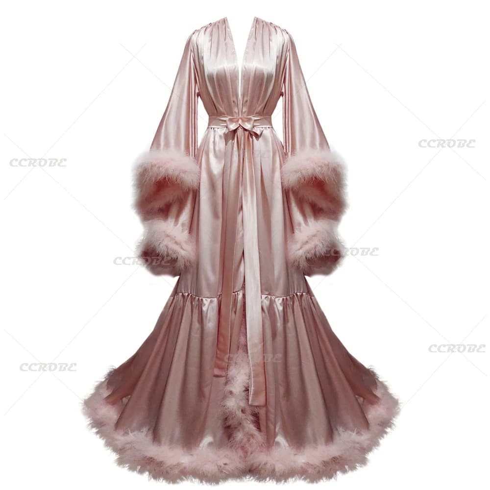 Women's bathrobe with flared sleeves, feathered wedding dress, night shirt, silk illusion, long wedding scarf, robe, photo dress