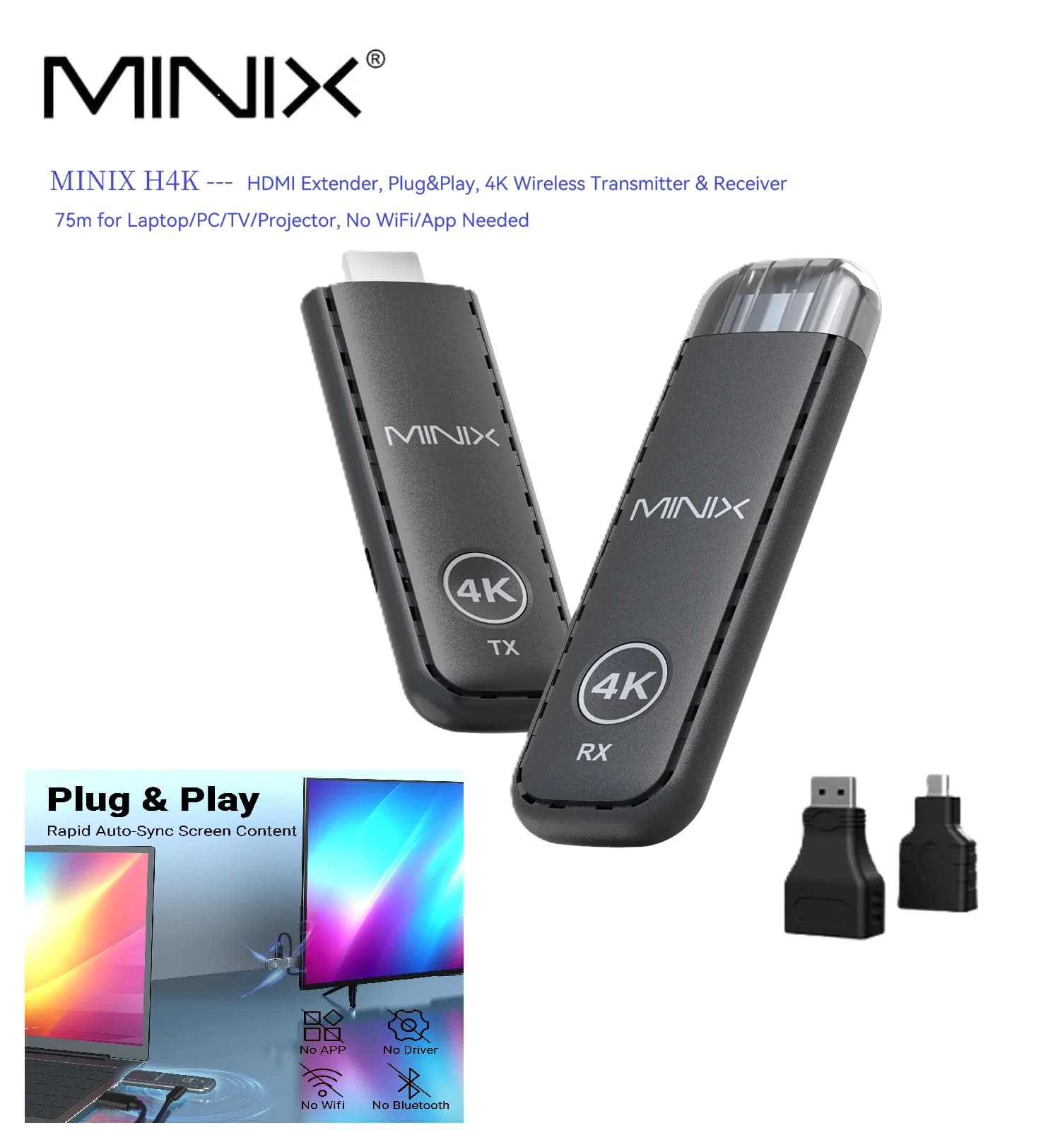 MINIX H4K HDMI Extender, Plug&Play, 4K Wireless Transmitter & Receiver 75m for Laptop/PC/TV/Projector, No WiFi/App Needed