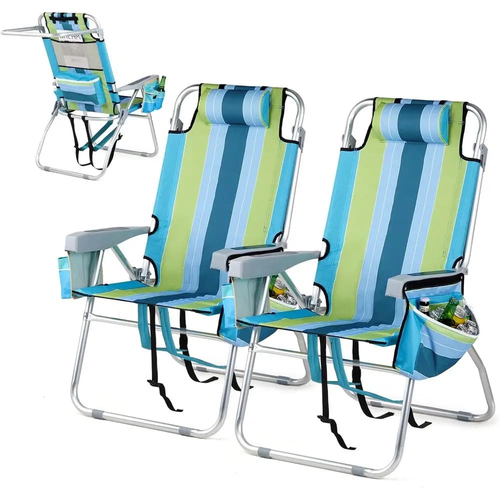 Set di 2 Sedie da Spiaggia Leggere con Schienale Reclinabile a 5 Posizioni, Borsa Termica, Portabicchieri e Porta Asciugamani - Blu/Verde