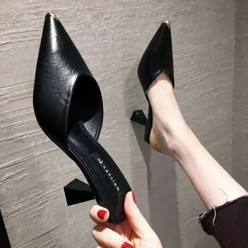 Summer 2025 Black Slides Mules Women's Slippers and Ladies Sandals High Up To 5cm Heel Shoes Job Leather on Promotion Footwear F