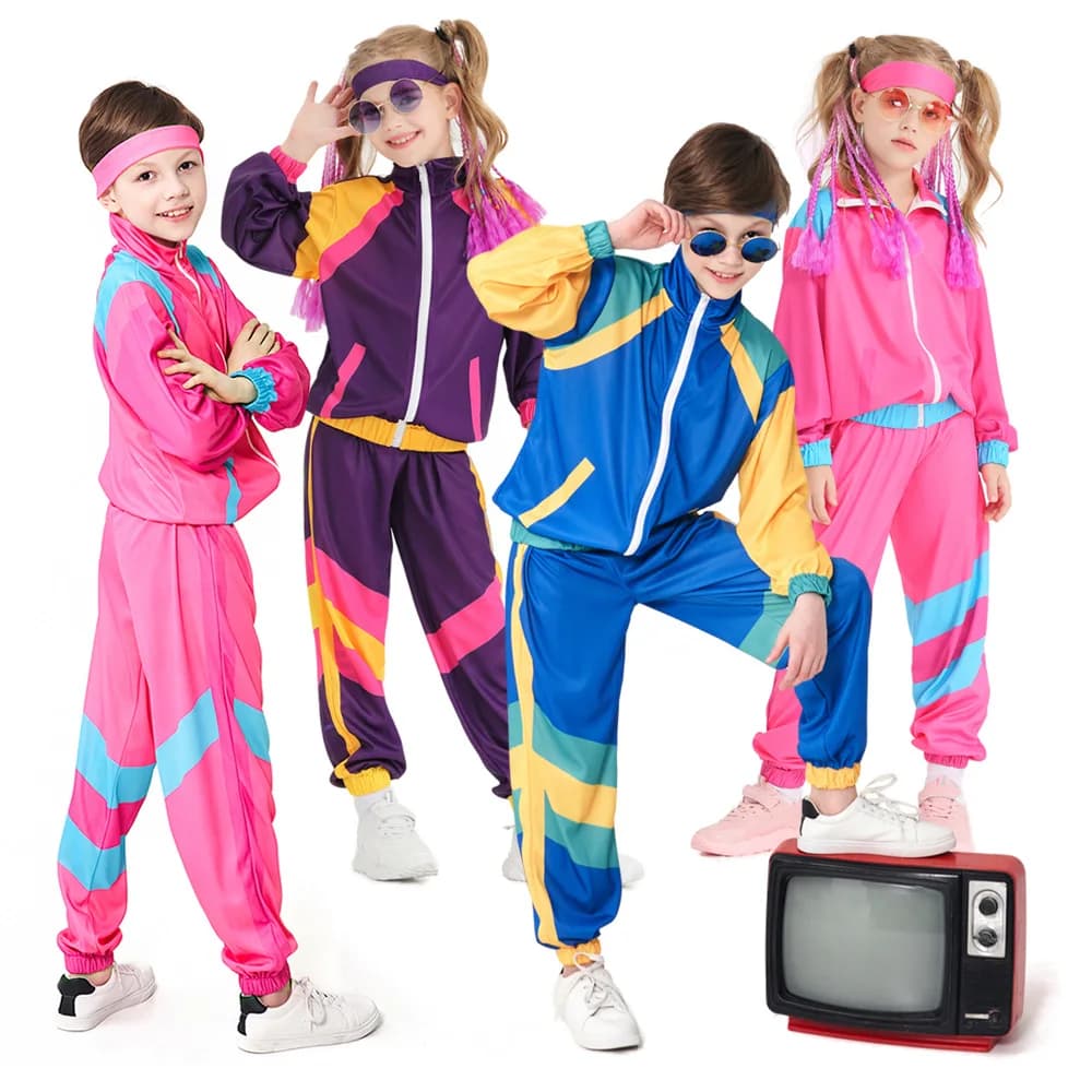Boys and Girls 80's Jumpsuit Hip Hop Top Pants Set Outfit Retro Disco Dance Sports Clothing Kids Uniforms