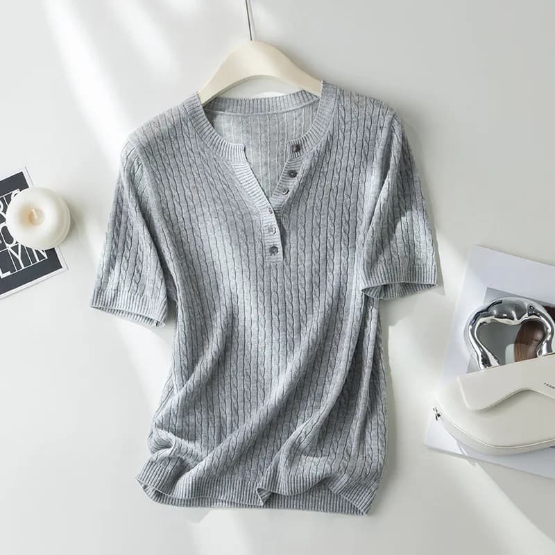 Maglietta Estiva da Donna in Maglia con Collo Henley e Mezza Abbottonatura, in Lyocell e Lino