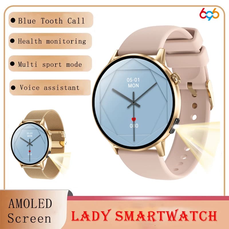 Donne 1.32 "Schermo AMOLED Dente Blu Chiamata Smart Watch Frequenza cardiaca Salute Torcia multifunzionale Assistente vocale Smartwatch