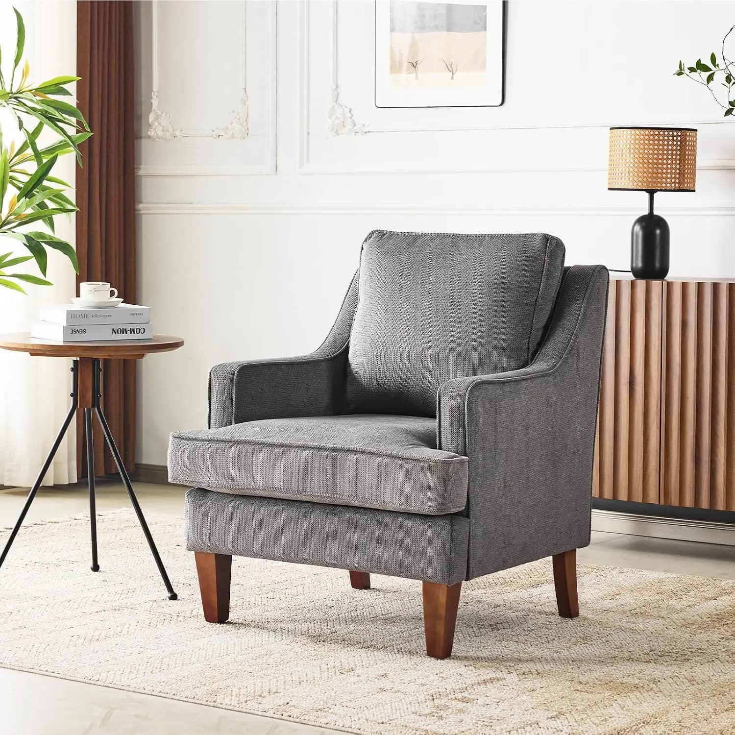 High Back Accent Armchair, Upholstered Removable Cushion & Spring Seat, Wood Legs, Chair for Living Room Bedroom , Customized