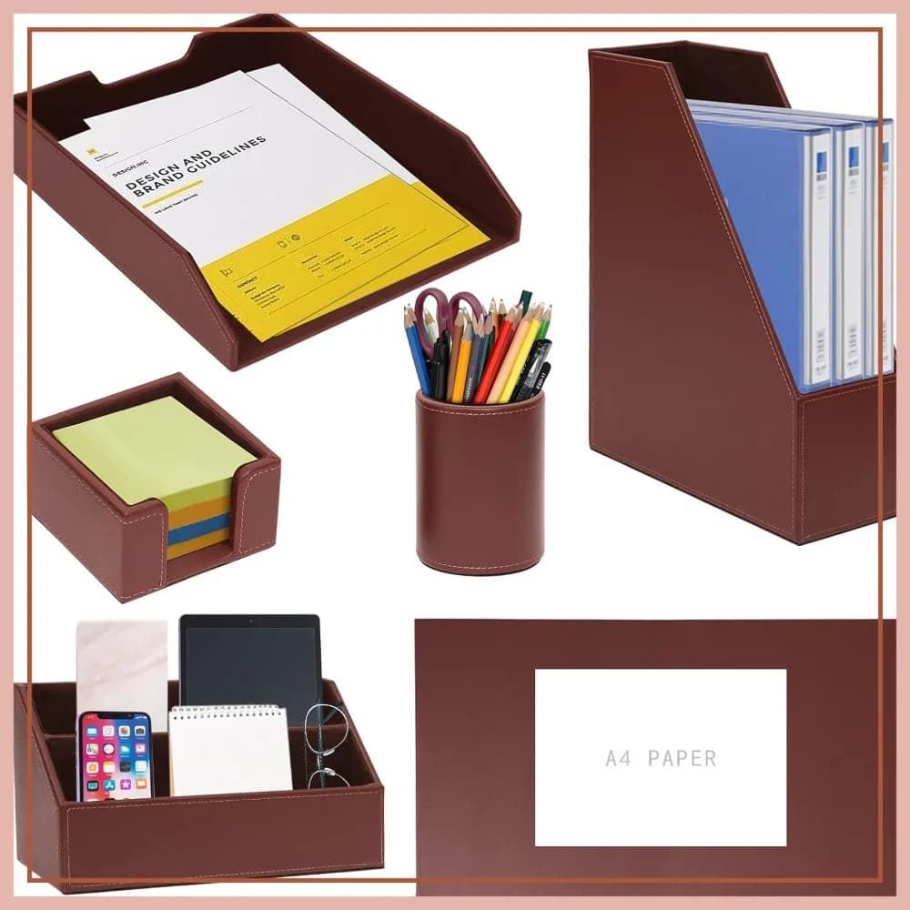Set Organizzatore da Scrivania 6 Pezzi: Blocco per Appunti in Pelle, Portadocumenti, Portariviste, Portapenne, Portablocco Adesivi, Classificatore Posta, Marrone