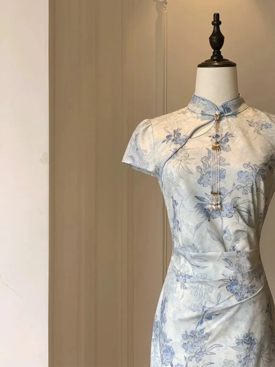 New Chinese Style Printed Short Sleeve Slimming Dress Qinglan Ink Water New Fashionable Breathable Long Qipao Dress for Women
