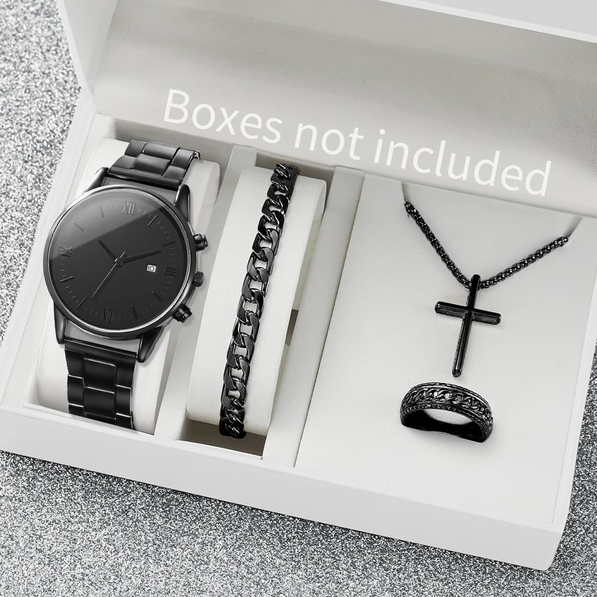 4 pezzi orologi da uomo moda cinturino in acciaio nero orologio da lavoro al quarzo da uomo orologio da calendario Relogio Masculino set di gioielli (senza scatola)