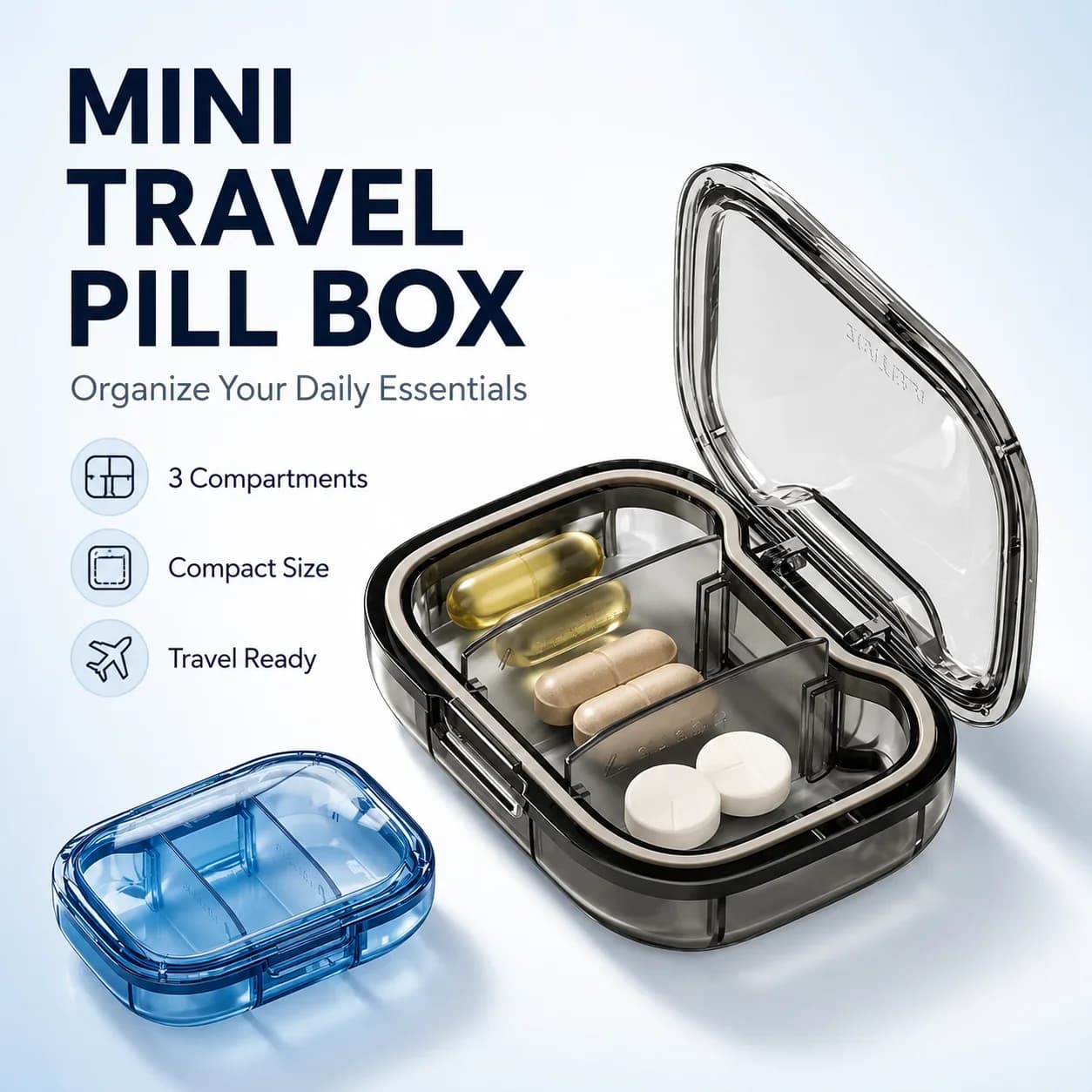 Mini Travel Pill Box 3 Compartments Transparent Portable Vitamin Organizer Case Daily Medicine Storage Container for Home Office
