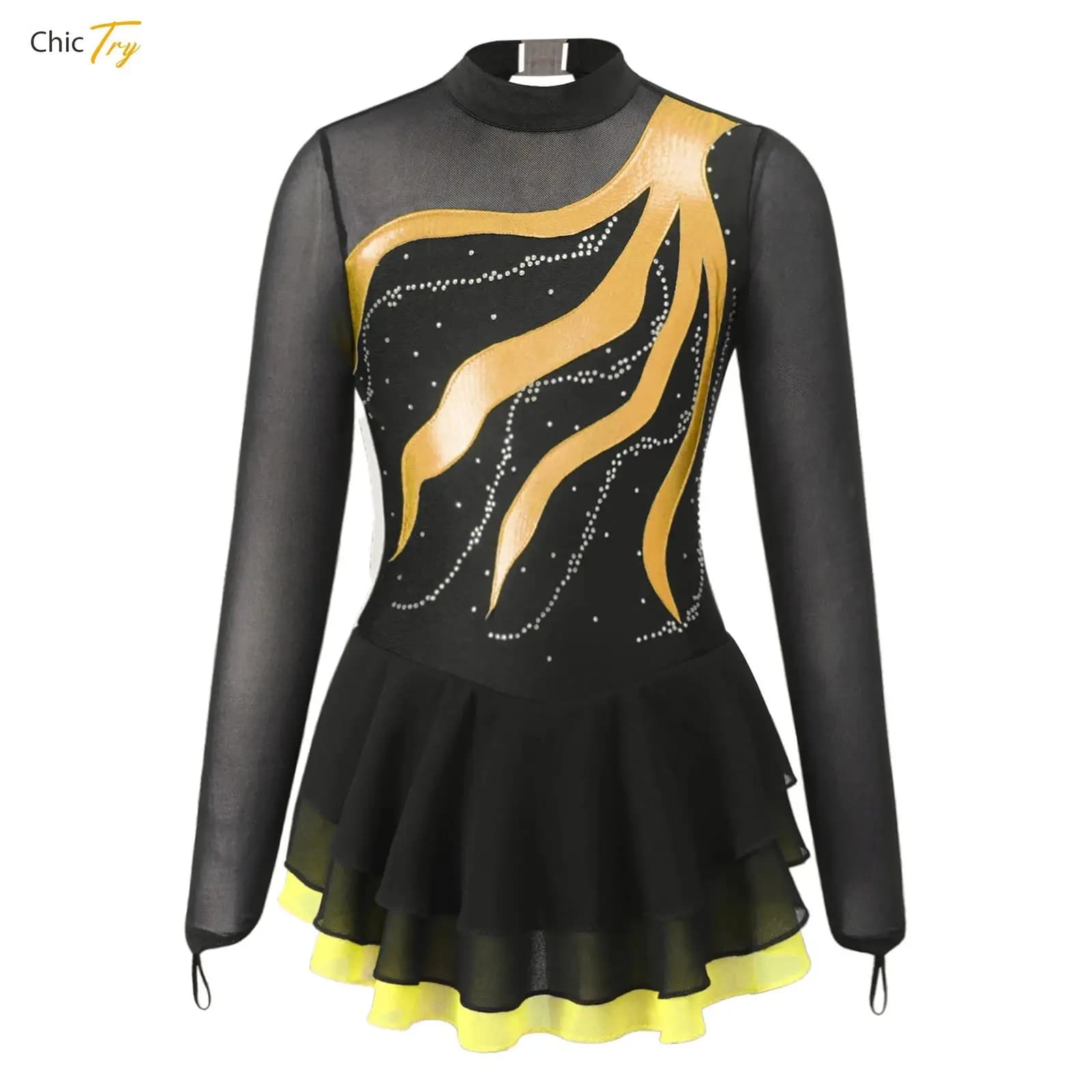 Abito da pattinaggio artistico per bambina, costumi da ballerina, lirico, moderno, contemporaneo, vestito da ballo latino, manica lunga, schiena cava