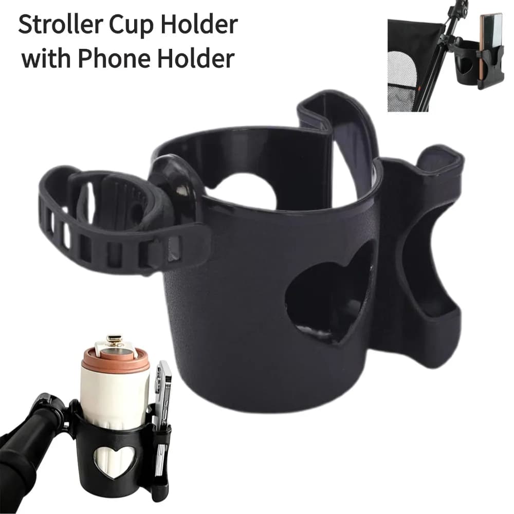 Portabicchieri per Bicicletta e Passeggino, Supporto Girevole per Bicchiere d'Acqua, Portatile 2-in-1 con Supporto per Telefono, Portabicchieri per Bicicletta per Carrozzina Neonato