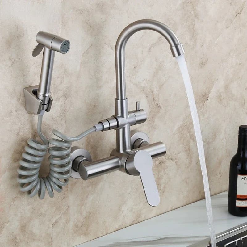 304 stainless steel Kitchen Sink Faucet Brushed Nickel Mixer Tap Stream Sprayer Wall Installation