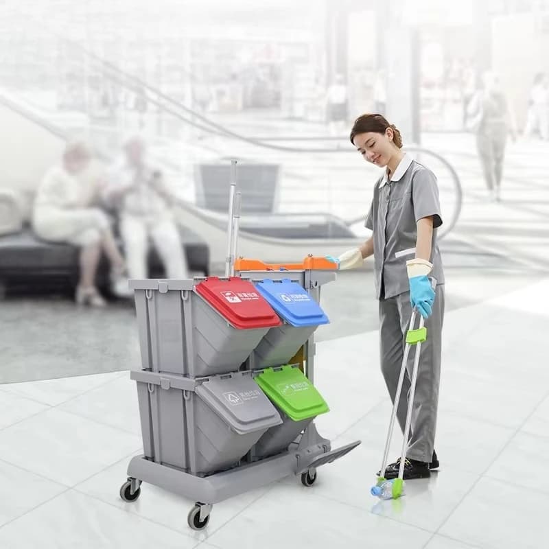 Carrello per pulizia in plastica multifunzione professionale commerciale con contenitori di riciclaggio impilabili da 25 litri con codice colore