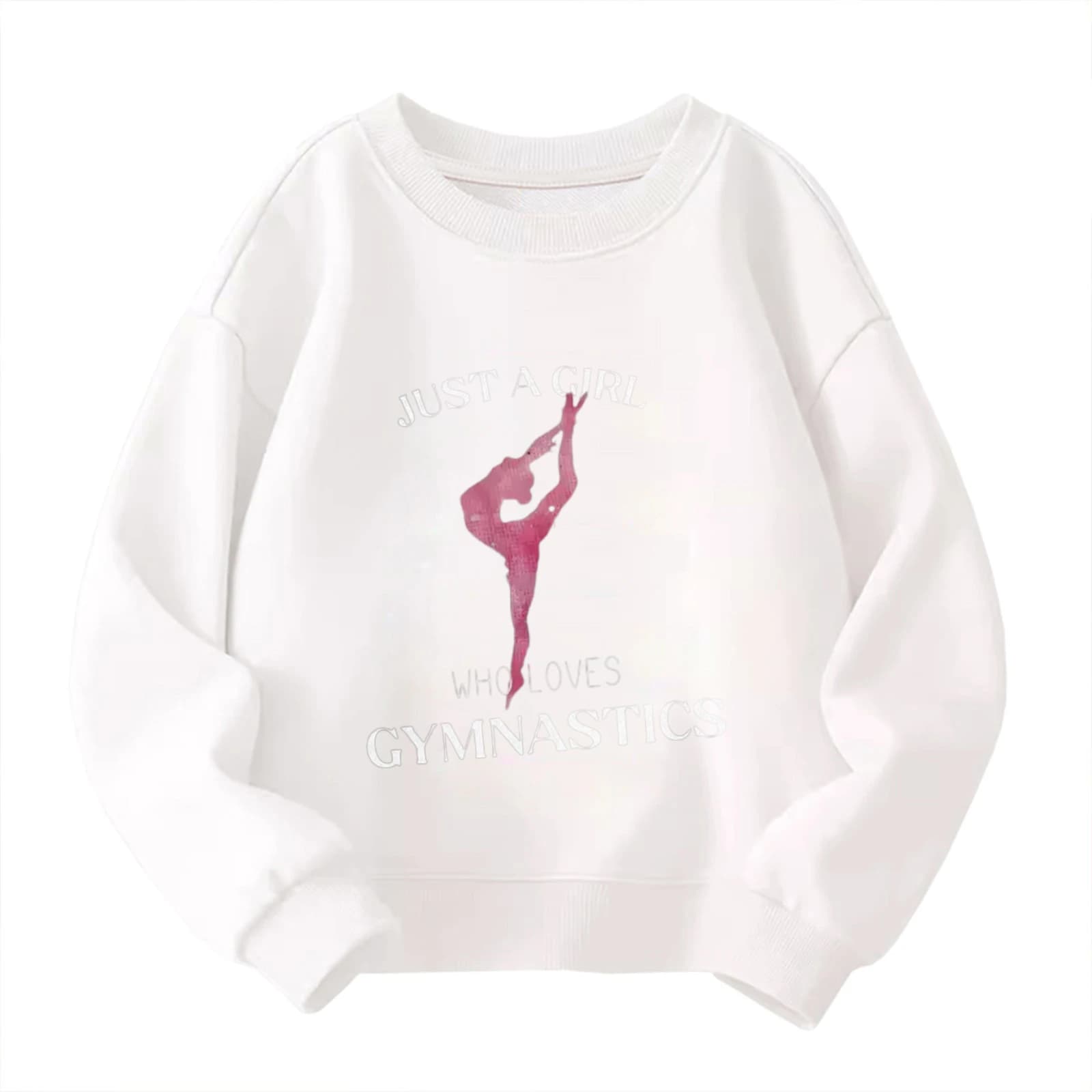 Felpa girocollo per bambini - Simpatico pullover bianco con grafica da ginnasta sportiva "Just A Girl Who Loves Gymnastics".