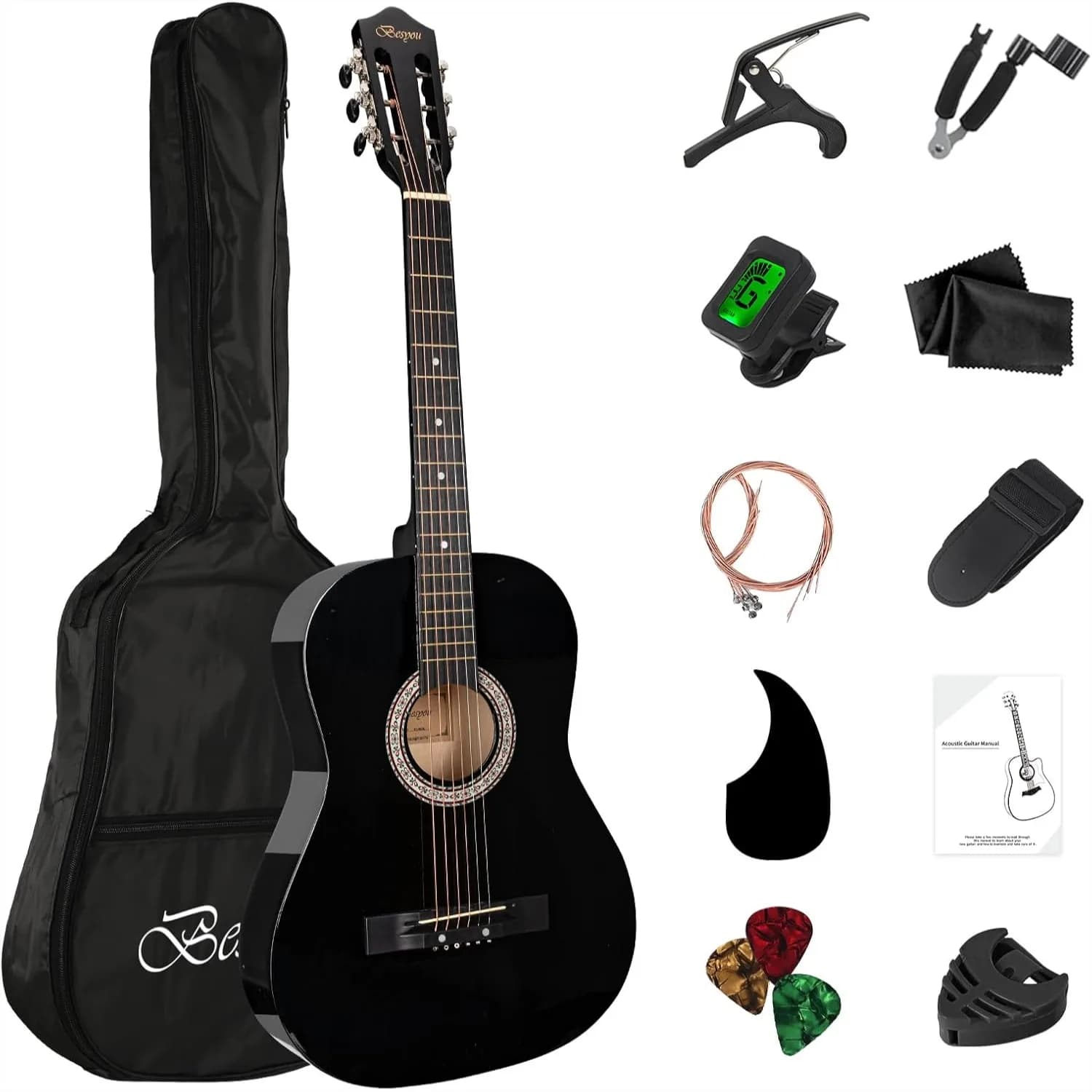 Kit Chitarra Acustica 38 Pollici per Principianti con Accordatore, Capotasto, Corde, Tracolla, Plettri, Borsa per Studenti e Adulti