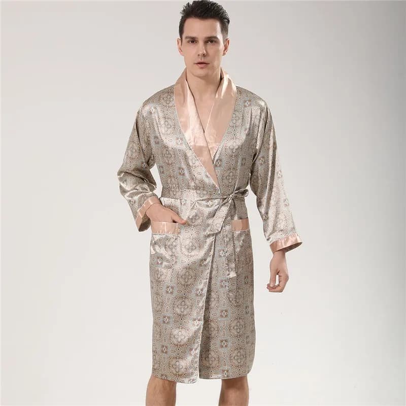 Lrage Size 3XL-5XL Men's Nightwear Kimono Robe Gown Summer Satin Dresses Printed Nightwear with Waist Belt Lounge Wear Night Shirt