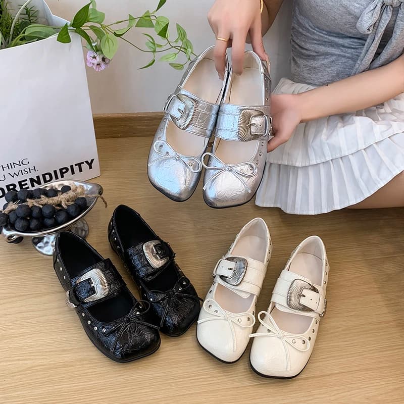 Scarpe Mary Jane piatte da donna, nuove in raso con fiocco e punta tonda, collezione Primavera Autunno 2026