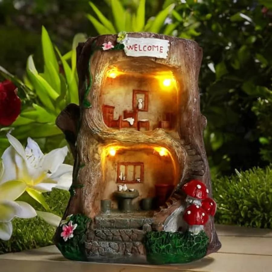 Solar Light Gnome Fairy Garden House for Outside, Big Size Fairy Miniature Buildings Accessories House Sculptures for Outdoor G