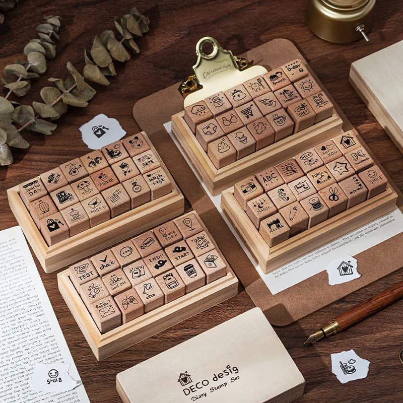 Daily Life 18 Beech Wood Seal Set Box Diy Diary Decoration Material Stamp Wooden Box Seal Kawai Stationery Lovely Gift Supplies