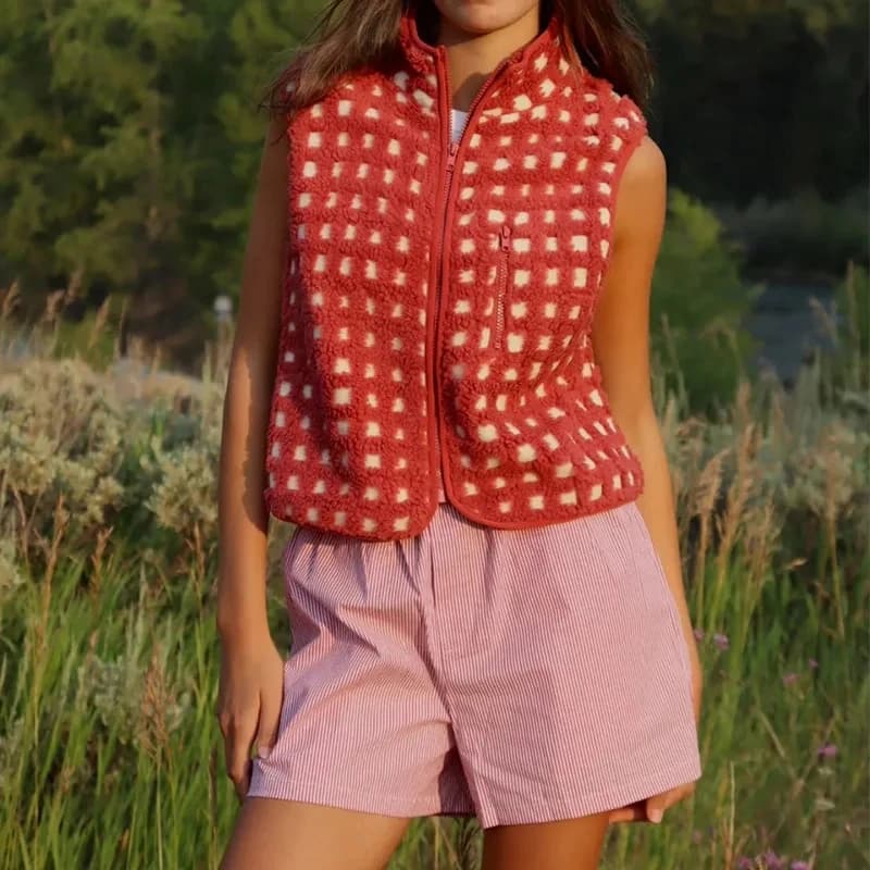 Women's Polar Fleece Vest New Casual Sleeveless Jacket Stand Collar Zipper Outerwear Red Plaid Quilted Vest Fashion Waistcoat