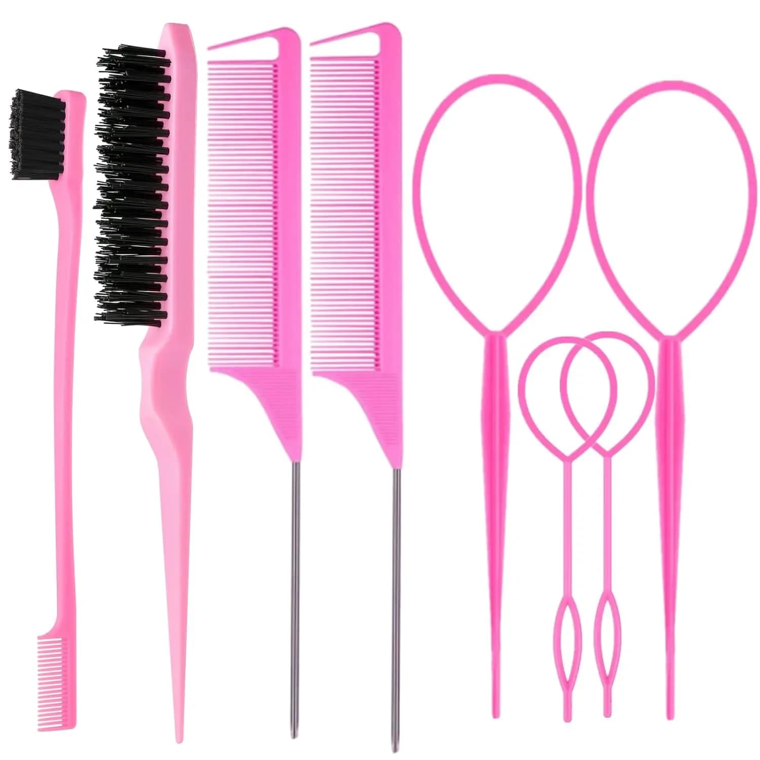 Set di spazzole per capelli rosa da 8 pezzi con strumenti per coda Topy, controllo dei bordi e pettini a coda di topo per lo styling delle donne