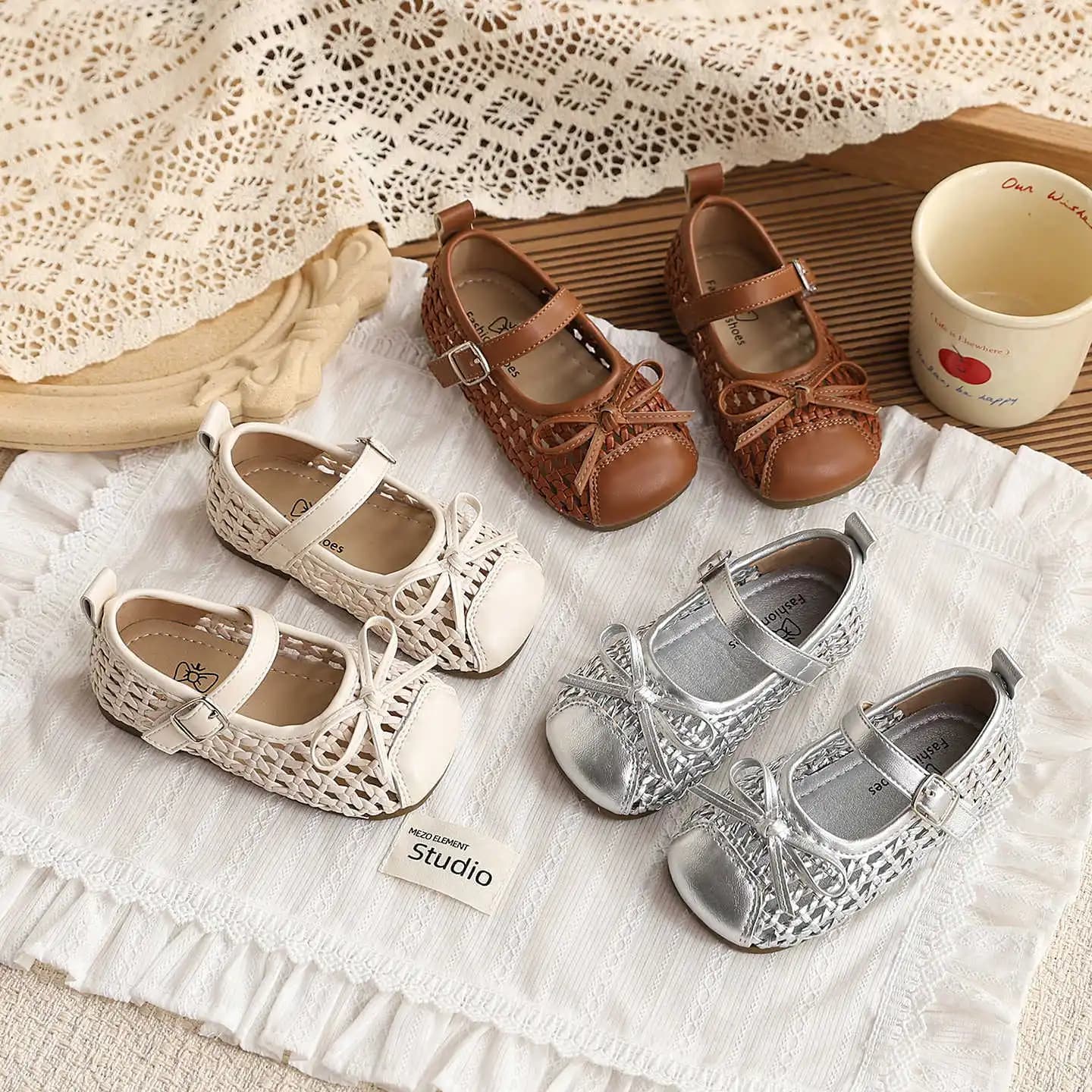 Woven Hollow Sandals Spring Summer New Fashion Girls Bow Princess Shoes Flats Loafer