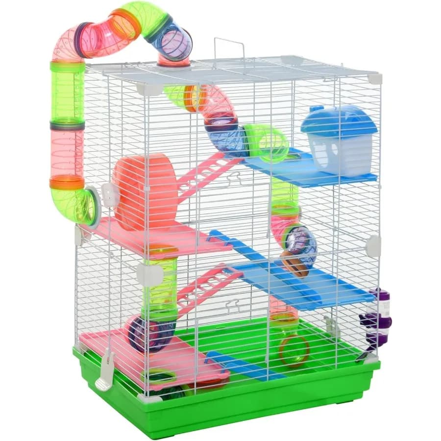 Gabbia per criceti da 18" a 5 livelli con tubi e tunnel Gabbia per piccoli animali con maniglia per il trasporto portatile Gabbia per gerbilli con bottiglia d'acqua per alimenti