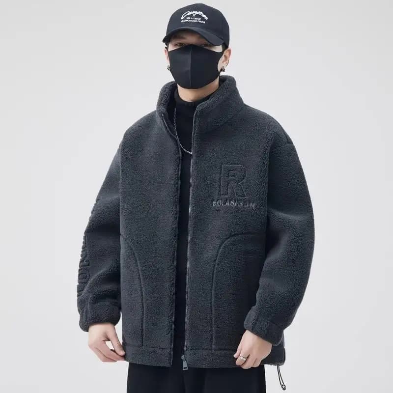 Lamb Velvet Stand Collar Jacket Men's Autumn Winter 2024 New American Trend Loose Large Size Warm Casual Coat