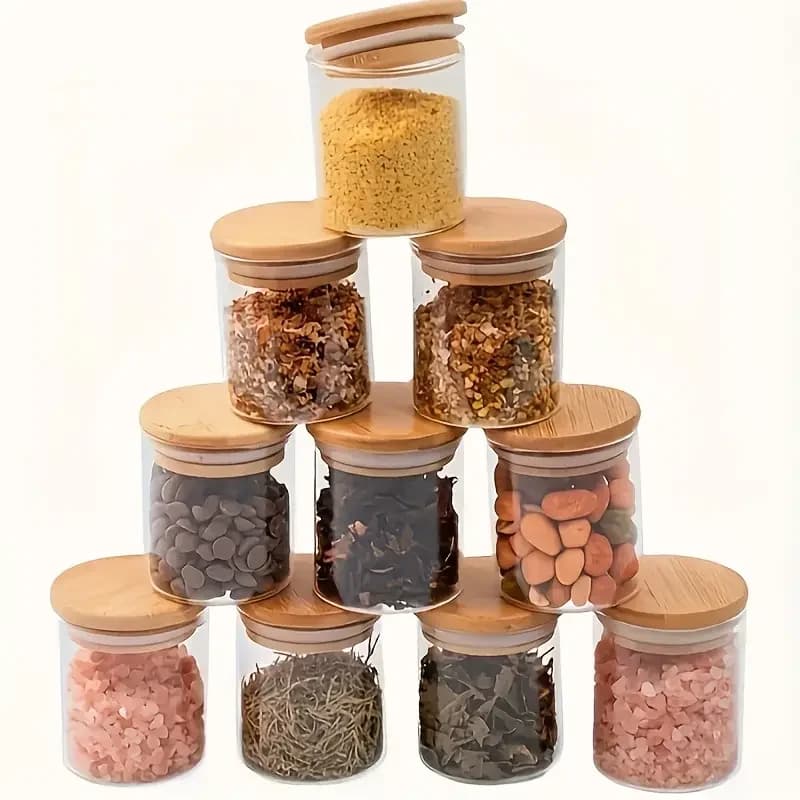 1 Set of 4/8/12-Piece Glass Storage Jars, Made of Transparent High Borosilicate Material, with a Sealed Bamboo Lid, Portable Transparent Food Storage Jars, Suitable for Tea, Coffee Beans, Sugar, Candies, Biscuits, Spices, and Household Kitchen Supplies