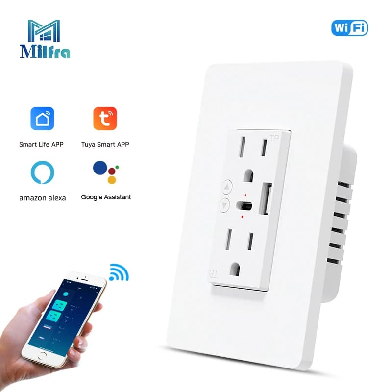 Milfra Wifi Smart Socket Wall US Plug Power Outlet With USB Type C Charging Port ON/OFF Tuya Smart Life APP Voice Remote Control