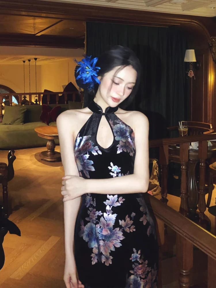 XZY Nuovo Qipao Cinese Taglie Forti con Dettagli Traforati, Abito Estivo da Donna Aderente con Stampa e Gonna Avvolgente