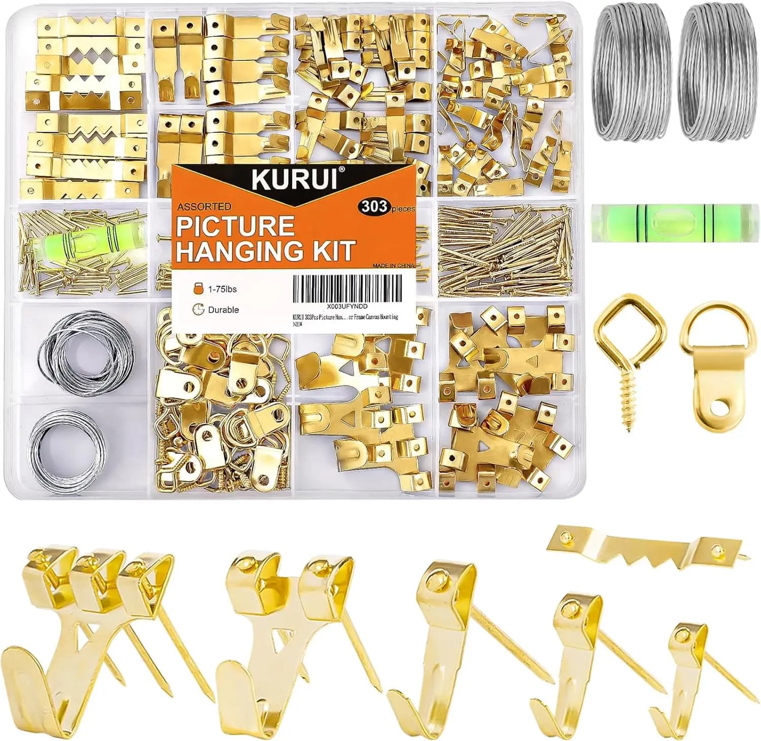 Kit for hanging pictures from 303 pieces with resistant hooks, nails, wire and D rings for mounting frames and canvases.