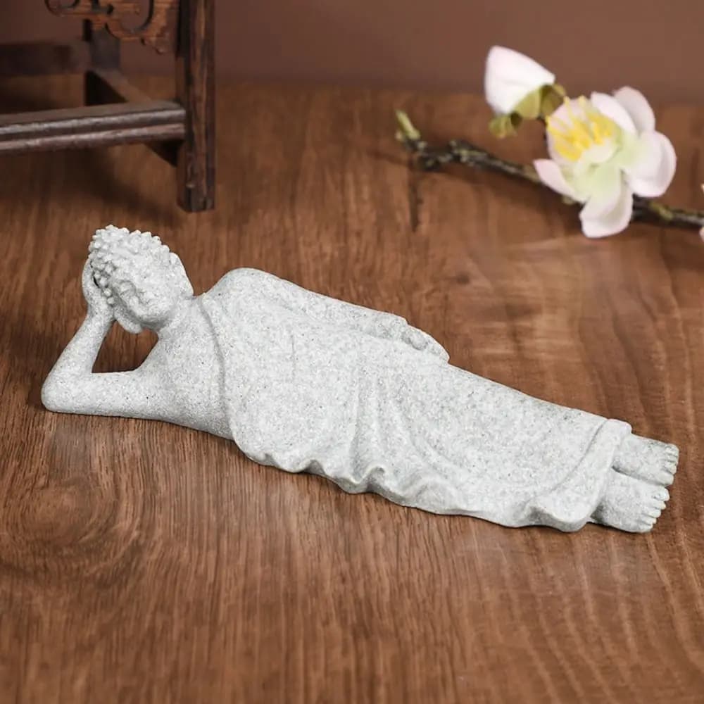 Buddha Reclinato in Arenaria Verde, Figurina Buddista in Posizione Seduta, Ornamento Cultura Orientale Zen