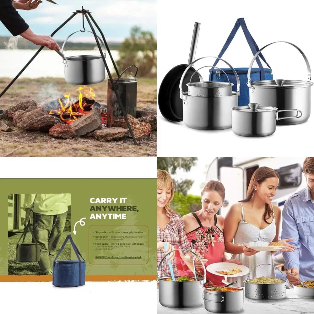 Set di pentole da campeggio in acciaio inossidabile 304 da 8 pezzi | Pentole, padelle, padella e cottura a vapore | Kit da cucina compatto per esterni con Travel Ba