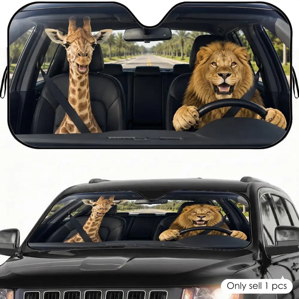 Parasole per Auto con Leone e Giraffa, Protezione UV Riflettente Pieghevole, Copertura Isolante dal Calore