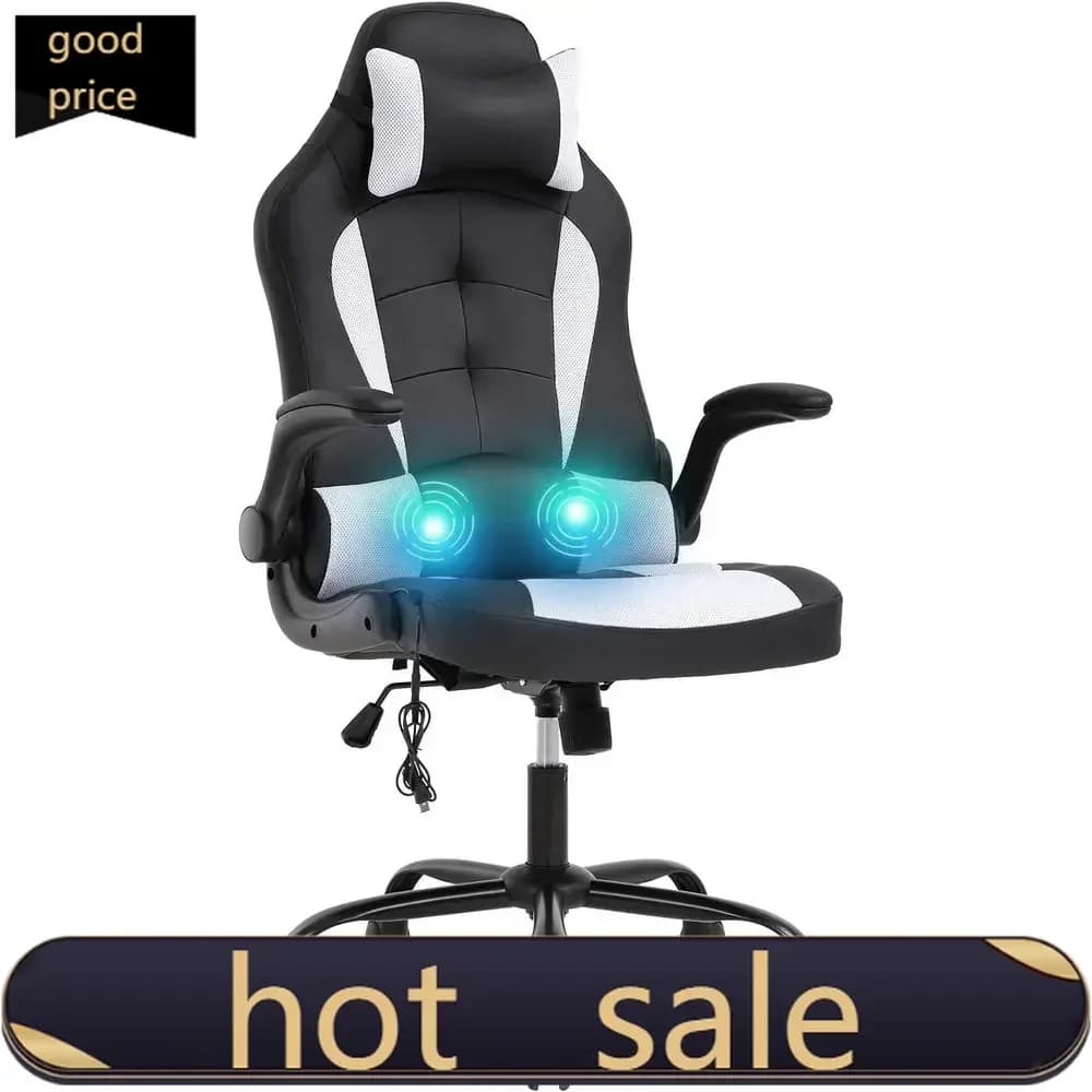 Sedia da Gaming Ergonomica in Pelle PU con Rotazione, Supporto Lombare, Braccioli Regolabili e Massaggiatore, Bianca - Prezzo Promozionale