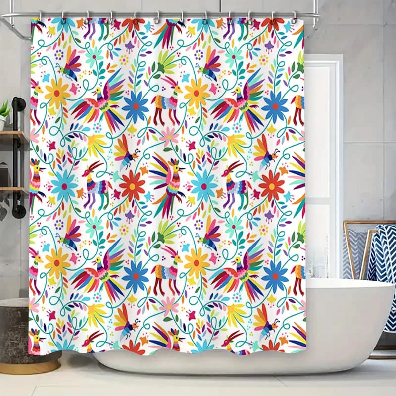Tenda da doccia con motivo floreale vibrante per l'arredamento del bagno, design di uccelli multicolori.