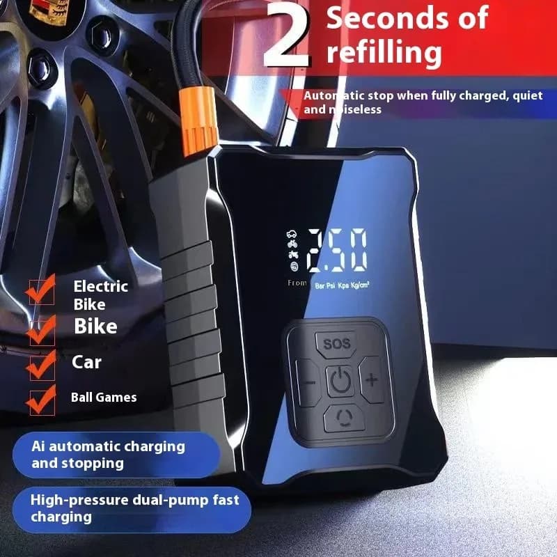 Pompa gonfiabile per pneumatici per auto portatile Pompa di gonfiaggio per pneumatici per auto senza fili Compressore d'aria multifunzione montato su veicolo per pneumatici per auto