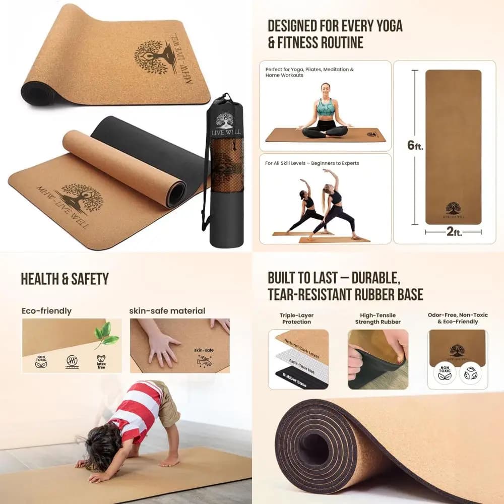 6 mm thick cork and TPE ecological yoga mat with shoulder strap - 72x24 large for gym workouts at home